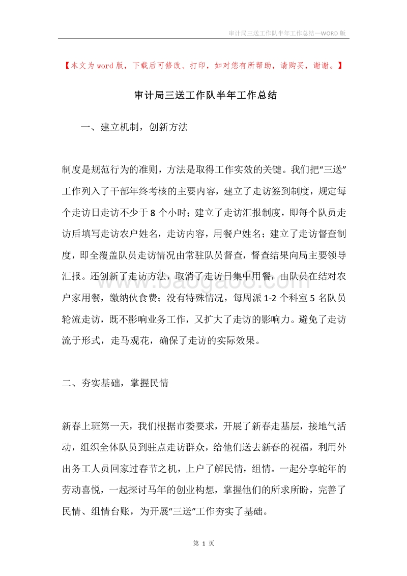 审计局三送工作队半年工作总结.docx_第1页