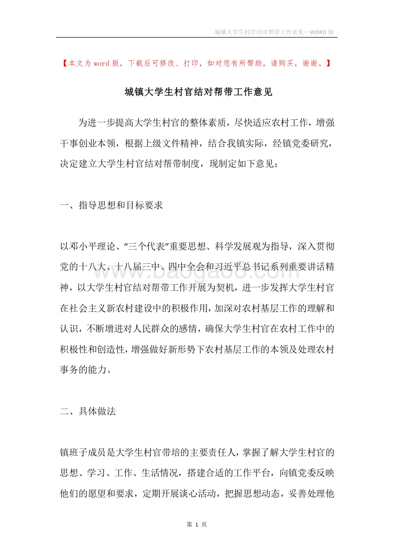 城镇大学生村官结对帮带工作意见.docx_第1页