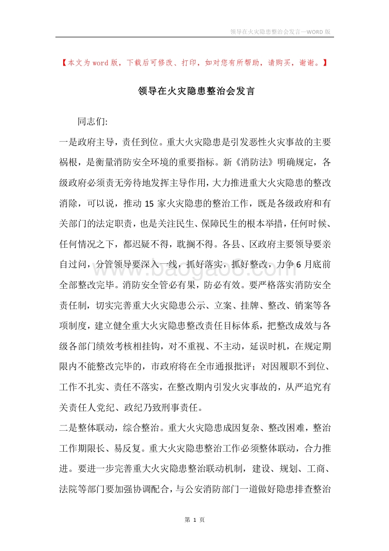 领导在火灾隐患整治会发言.docx_第1页