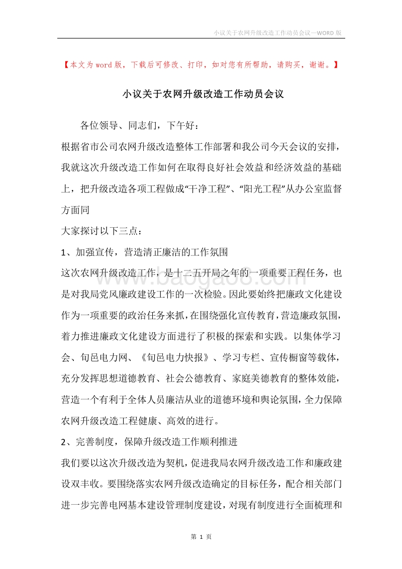 小议关于农网升级改造工作动员会议.docx_第1页
