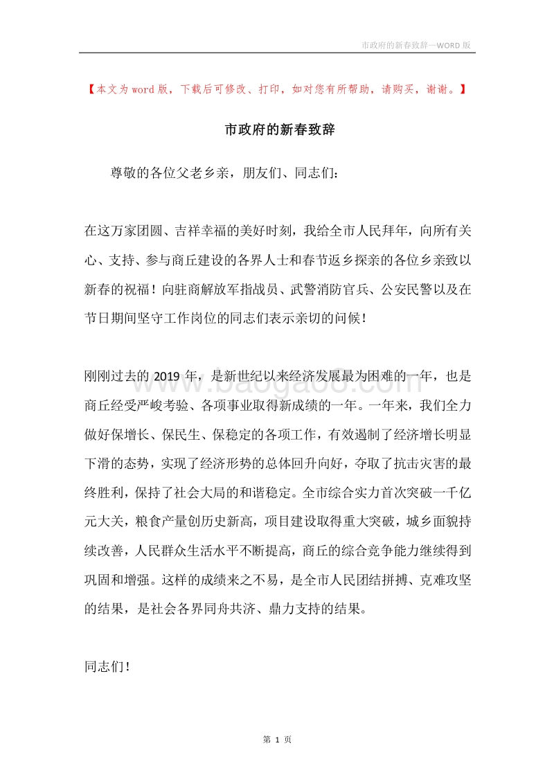市政府的新春致辞.docx_第1页