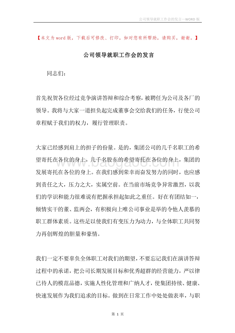 公司领导就职工作会的发言.docx_第1页