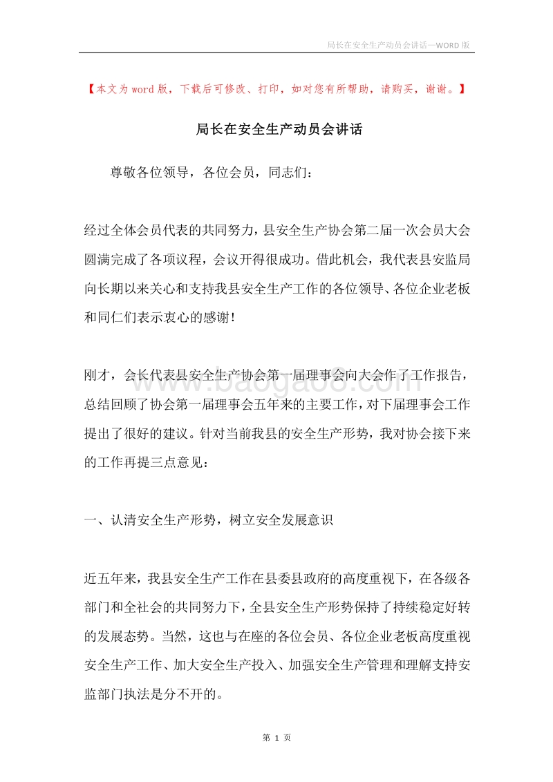 局长在安全生产动员会讲话.docx_第1页