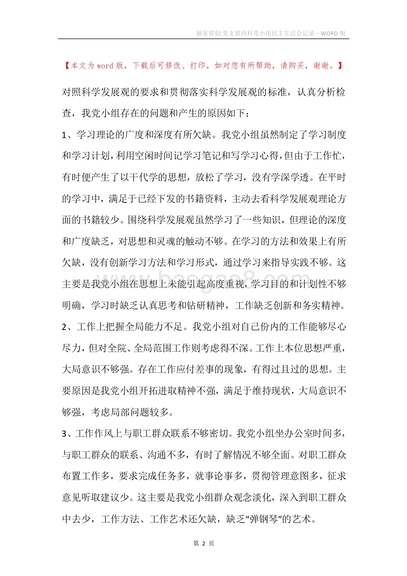 独家原创-党支部内科党小组民主生活会记录.docx_第2页