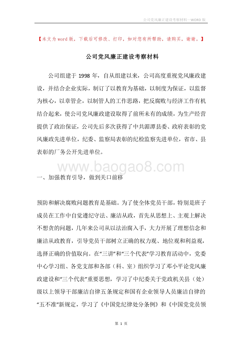 公司党风廉正建设考察材料.docx_第1页