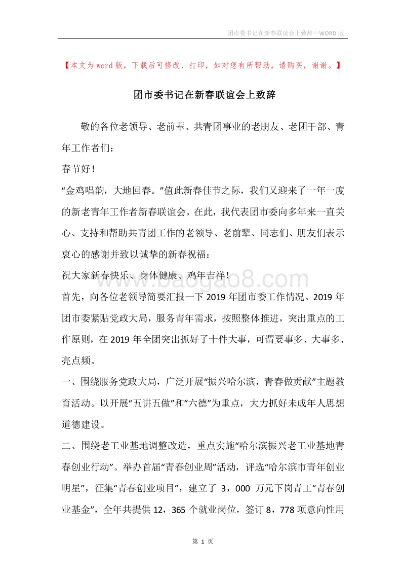 团市委书记在新春联谊会上致辞.docx_第1页