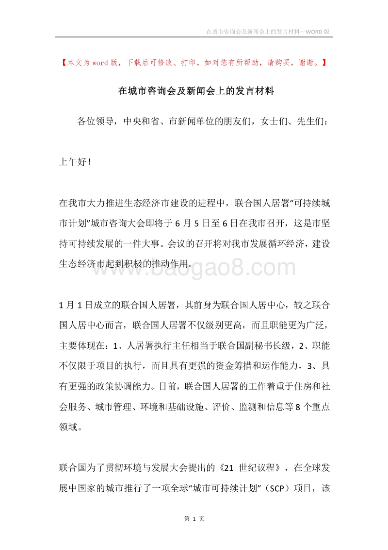 在城市咨询会及新闻会上的发言材料.docx_第1页
