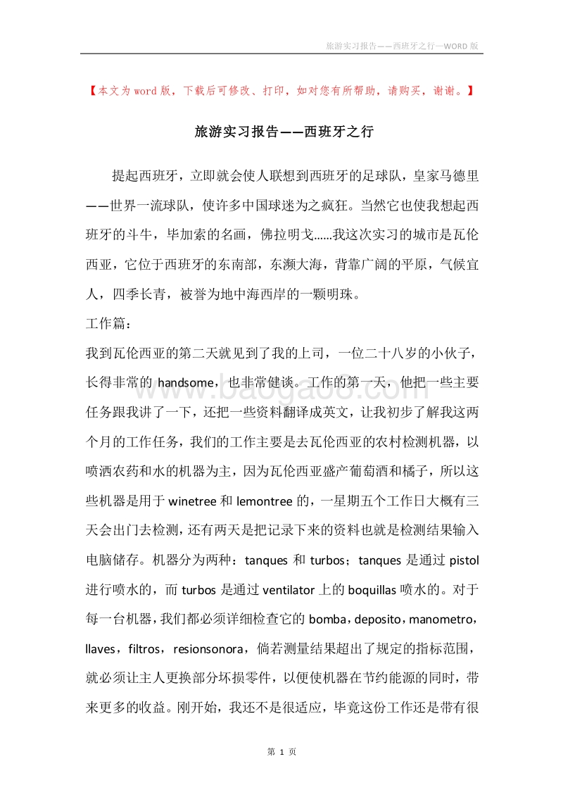 旅游实习报告——西班牙之行.docx_第1页