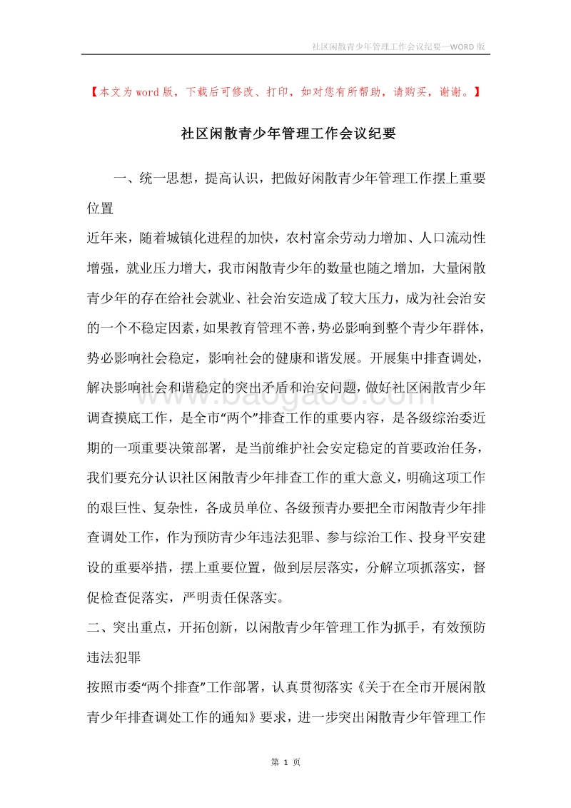 社区闲散青少年管理工作会议纪要.docx_第1页