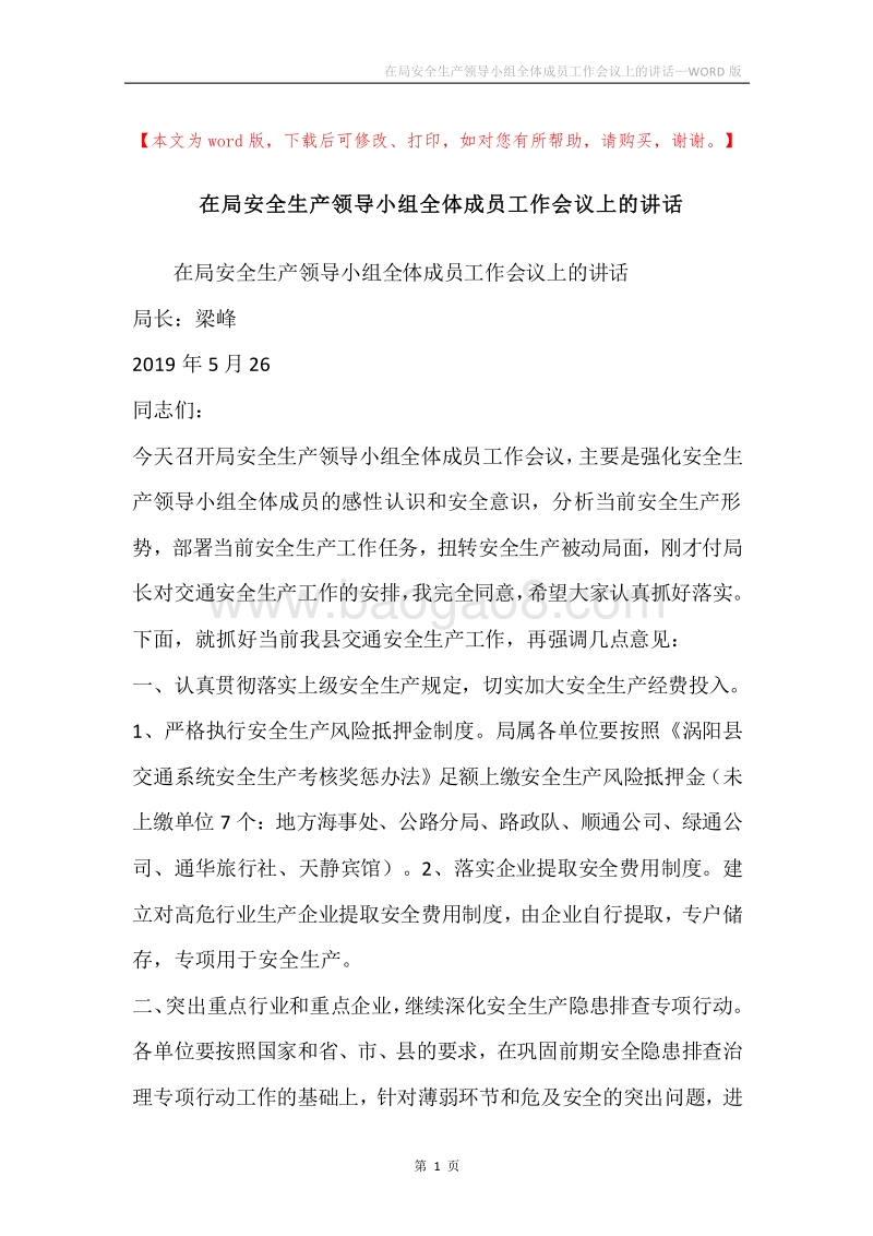 在局安全生产领导小组全体成员工作会议上的讲话.docx_第1页