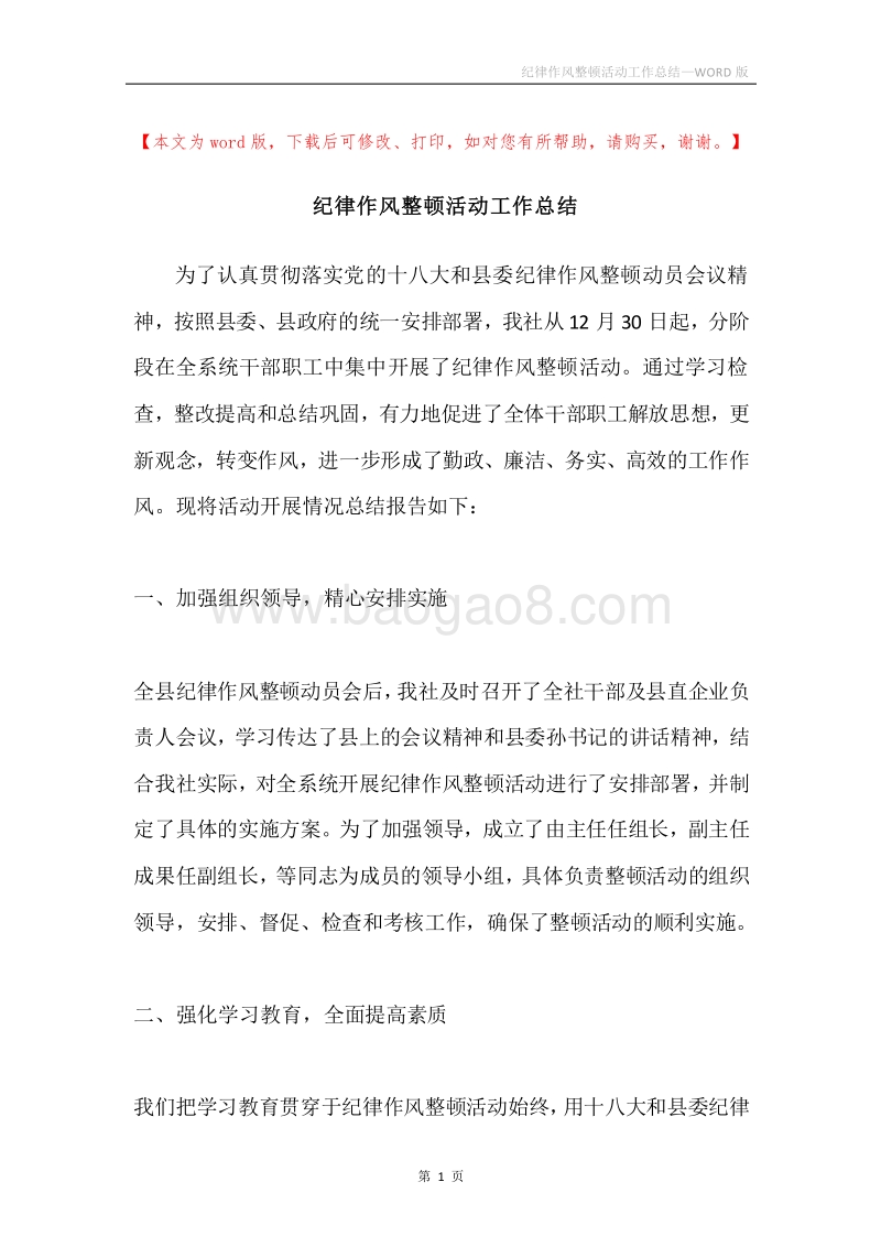 纪律作风整顿活动工作总结.docx_第1页