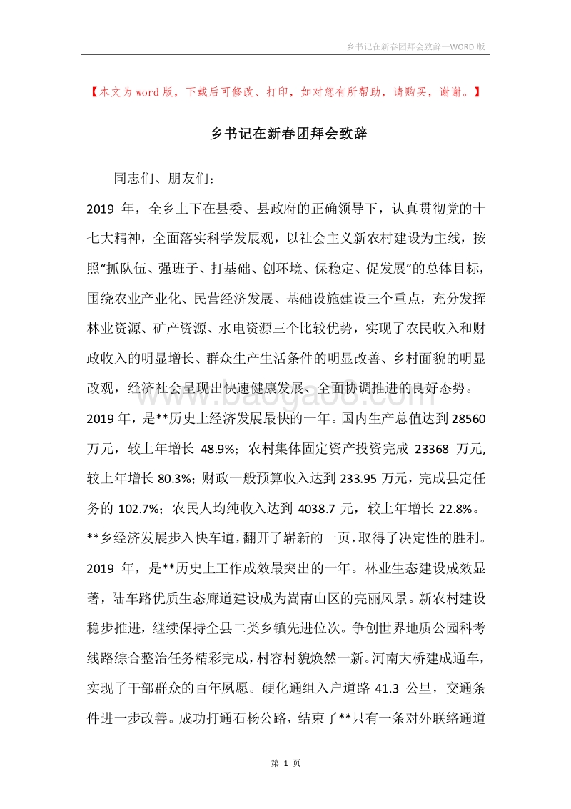 乡书记在新春团拜会致辞.docx_第1页