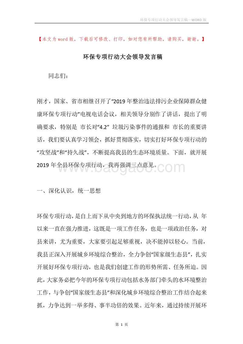 环保专项行动大会领导发言稿.docx_第1页