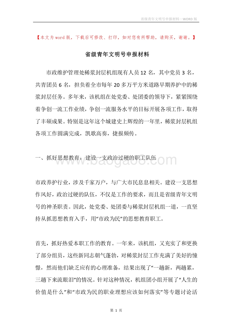 省级青年文明号申报材料.docx_第1页