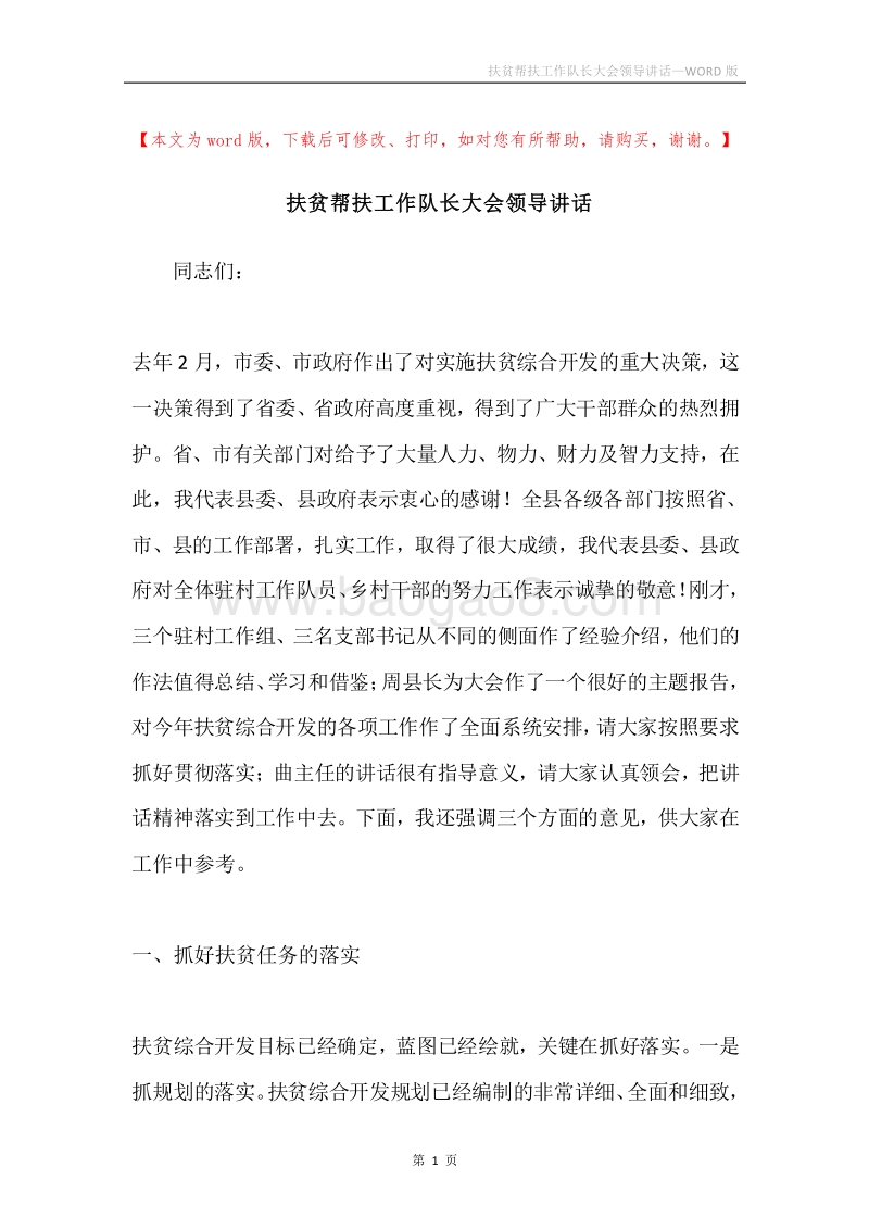 扶贫帮扶工作队长大会领导讲话.docx_第1页