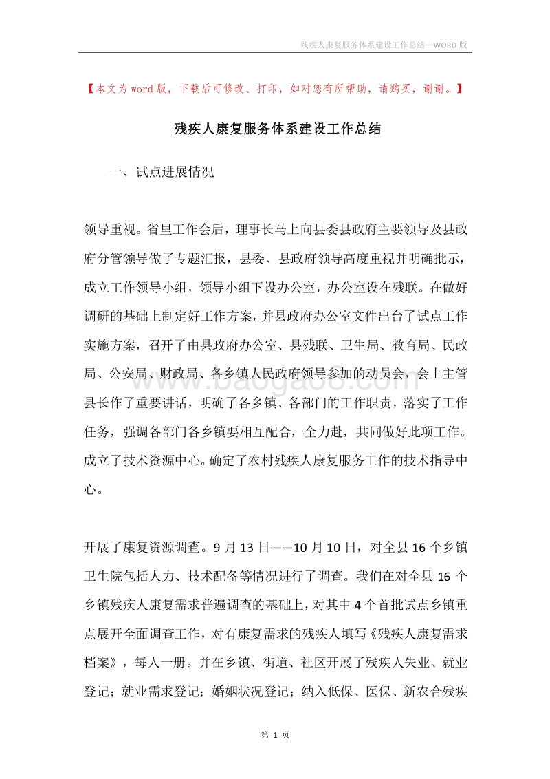 残疾人康复服务体系建设工作总结.docx_第1页