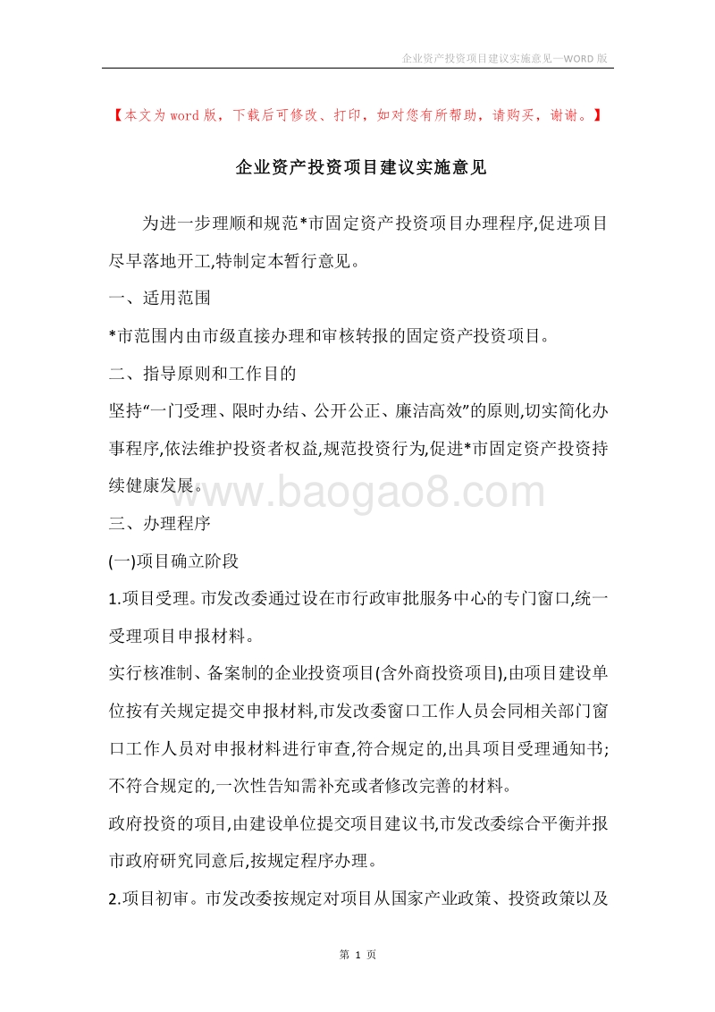 企业资产投资项目建议实施意见.docx_第1页