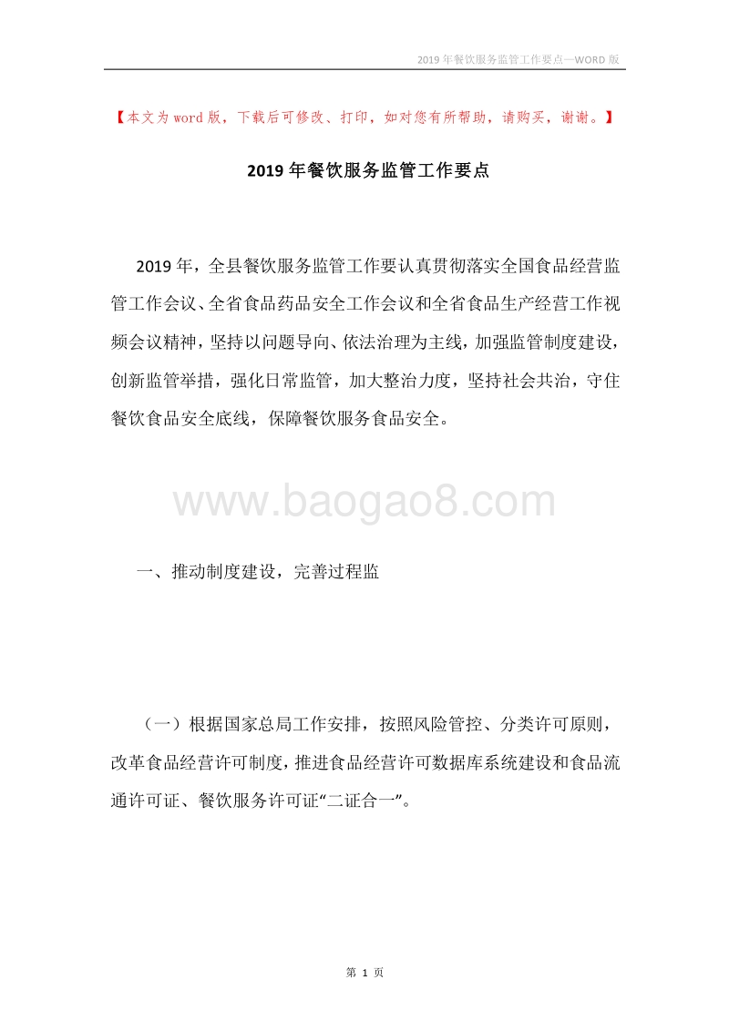 2019年餐饮服务监管工作要点.docx_第1页