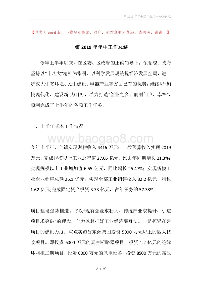 镇2019年年中工作总结.docx_第1页