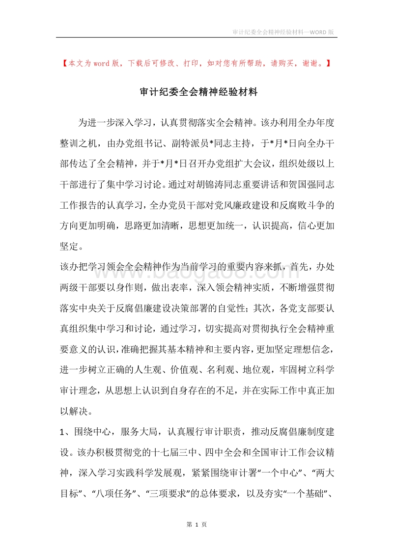 审计纪委全会精神经验材料.docx_第1页