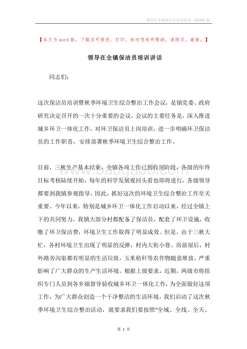 领导在全镇保洁员培训讲话.docx_第1页