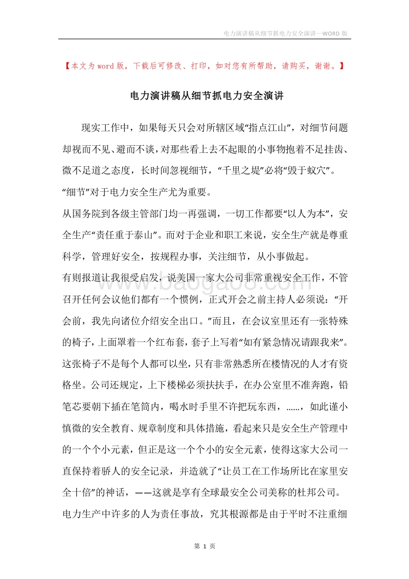 电力演讲稿从细节抓电力安全演讲.docx_第1页