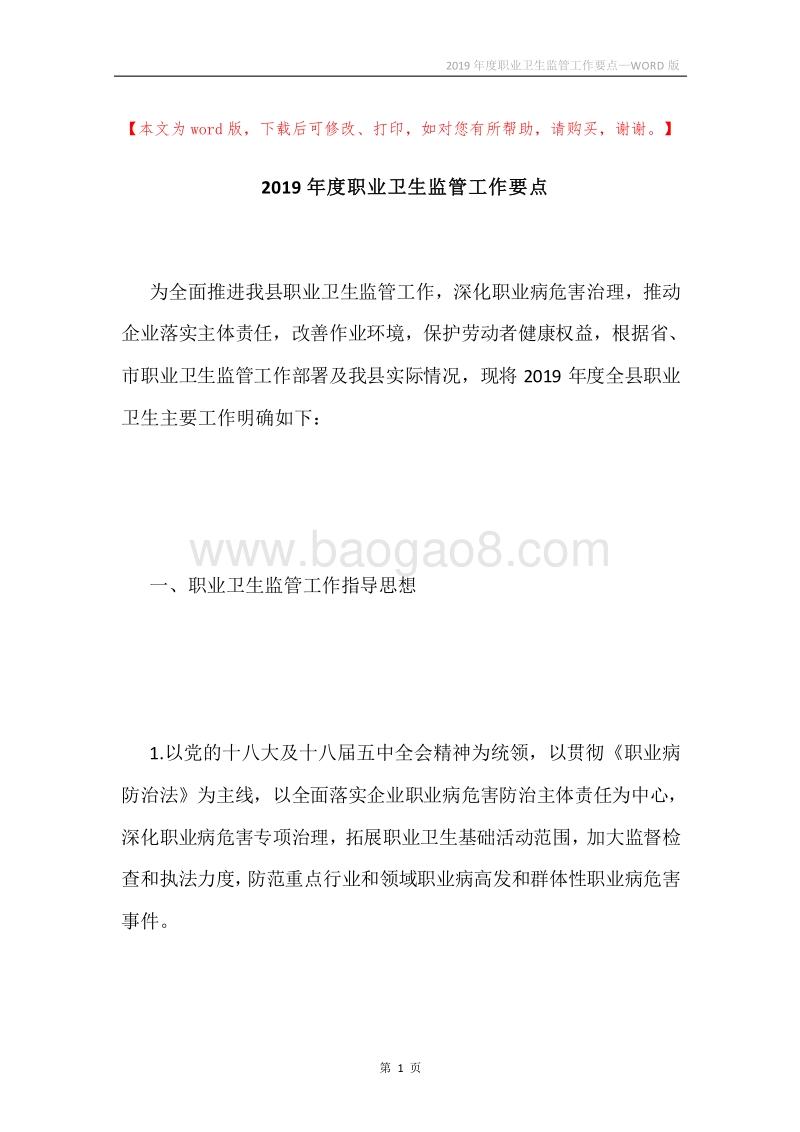 2019年度职业卫生监管工作要点.docx_第1页