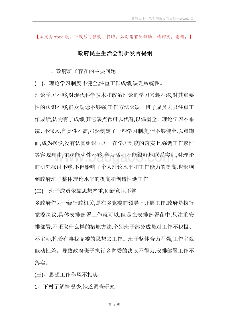 政府民主生活会剖析发言提纲.docx_第1页