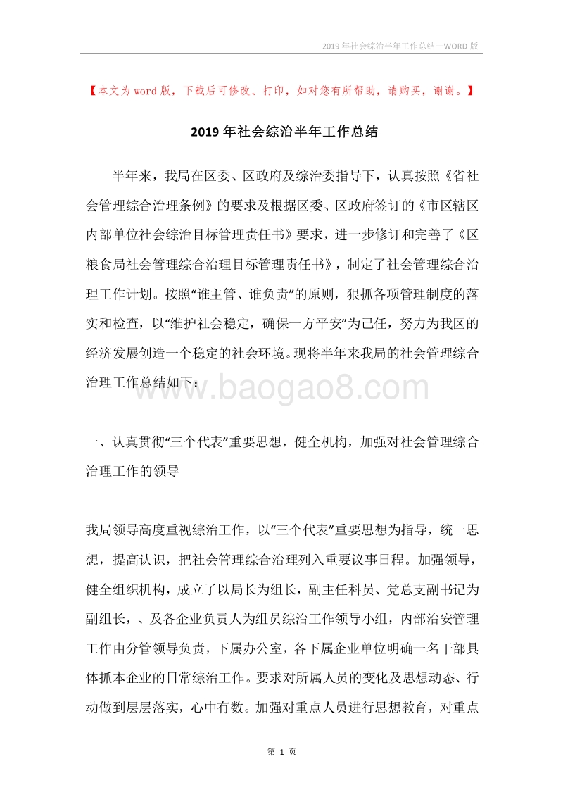 2019年社会综治半年工作总结.docx_第1页