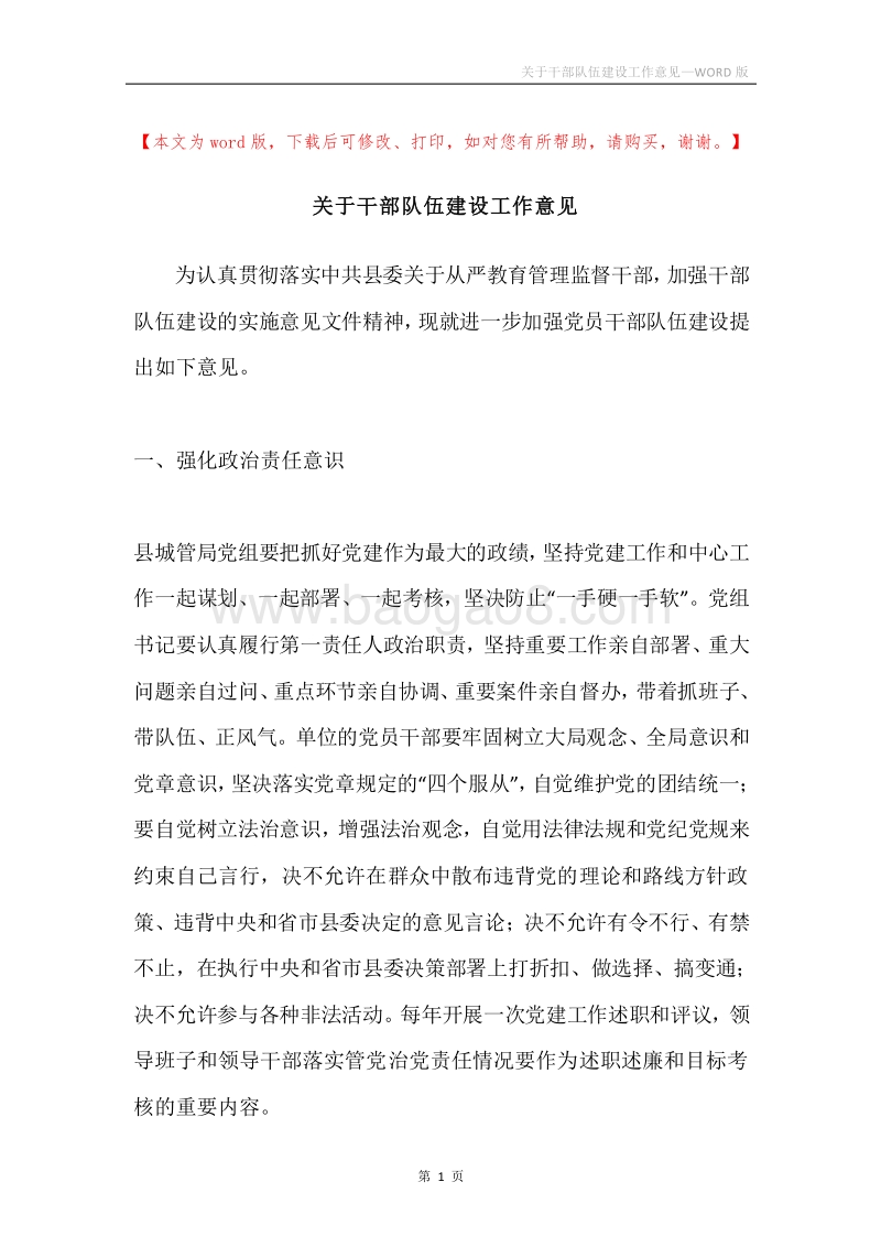 关于干部队伍建设工作意见.docx_第1页