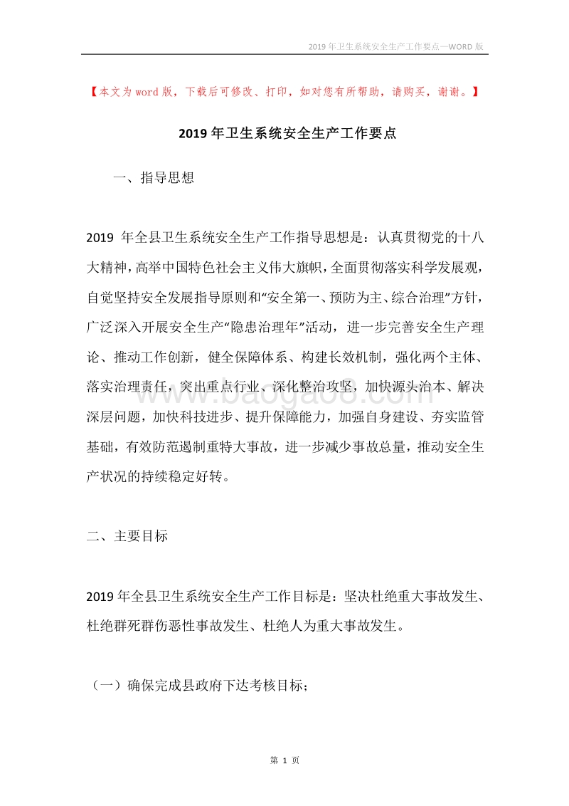 2019年卫生系统安全生产工作要点.docx_第1页