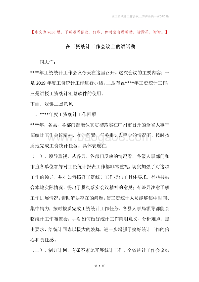 在工资统计工作会议上的讲话稿.docx_第1页