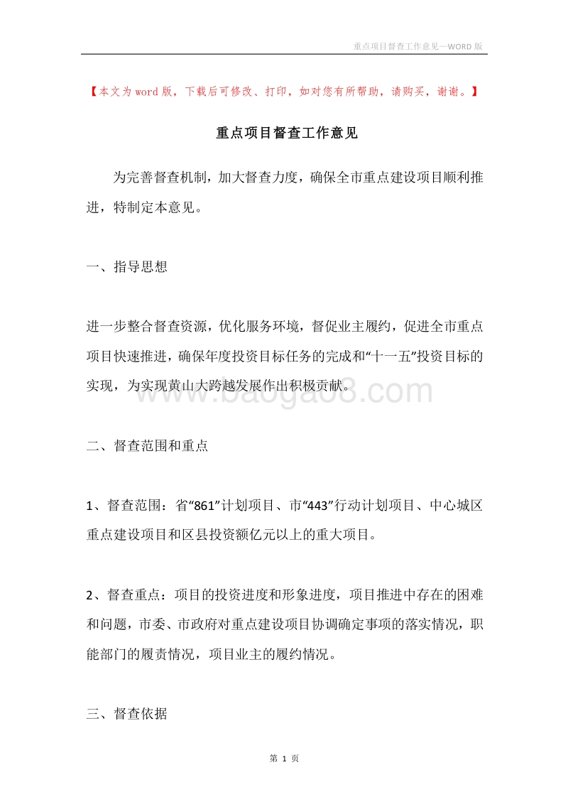 重点项目督查工作意见.docx_第1页