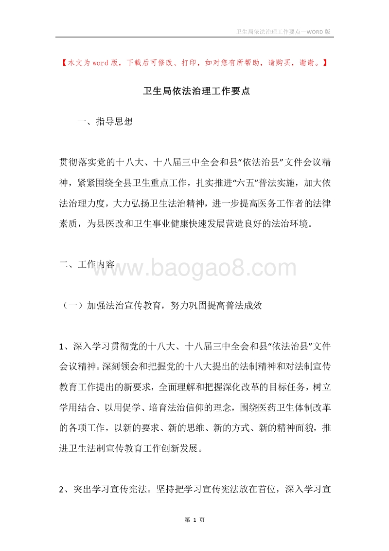 卫生局依法治理工作要点.docx_第1页
