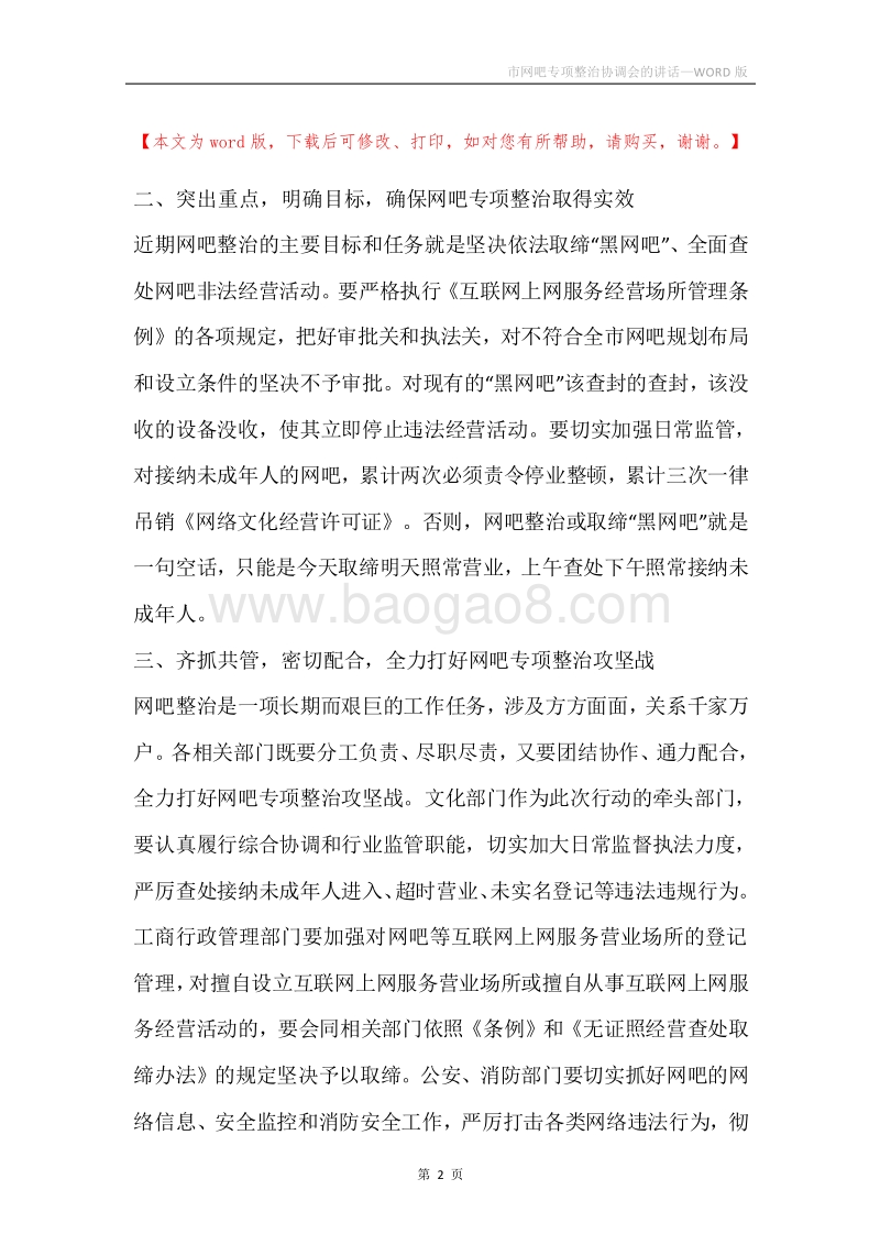 市网吧专项整治协调会的讲话.docx_第2页