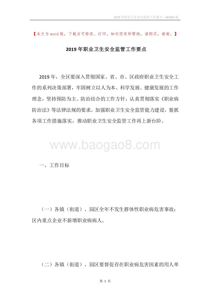 2019年职业卫生安全监管工作要点.docx_第1页