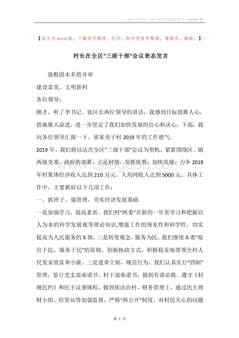 村长在全区“三级干部”会议表态发言_1.docx_第1页