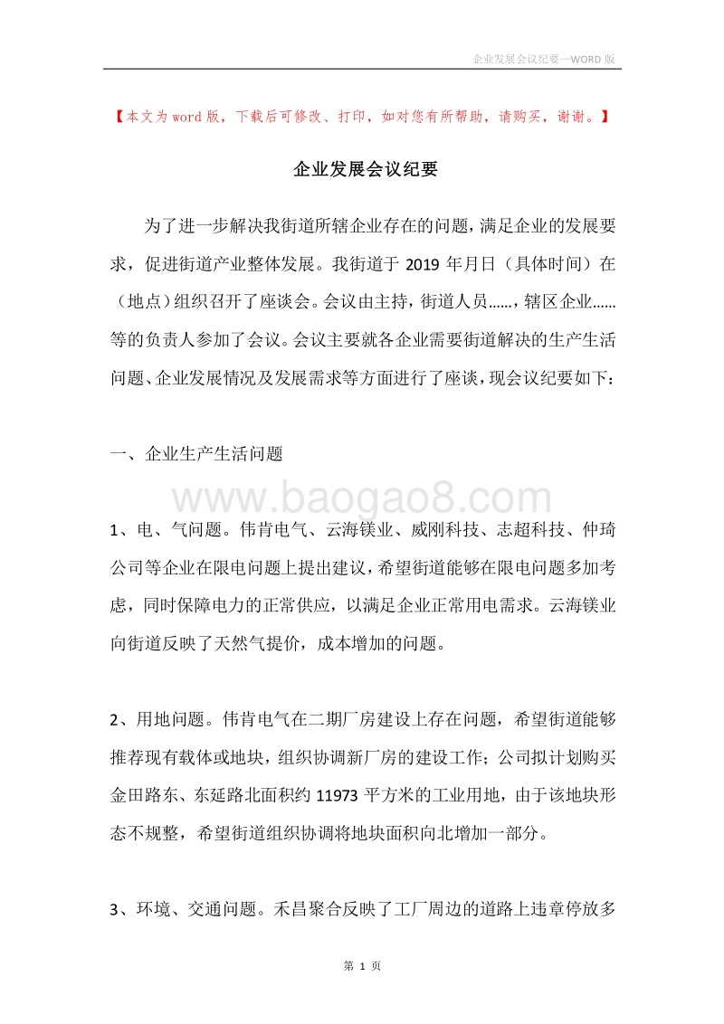 企业发展会议纪要.docx_第1页