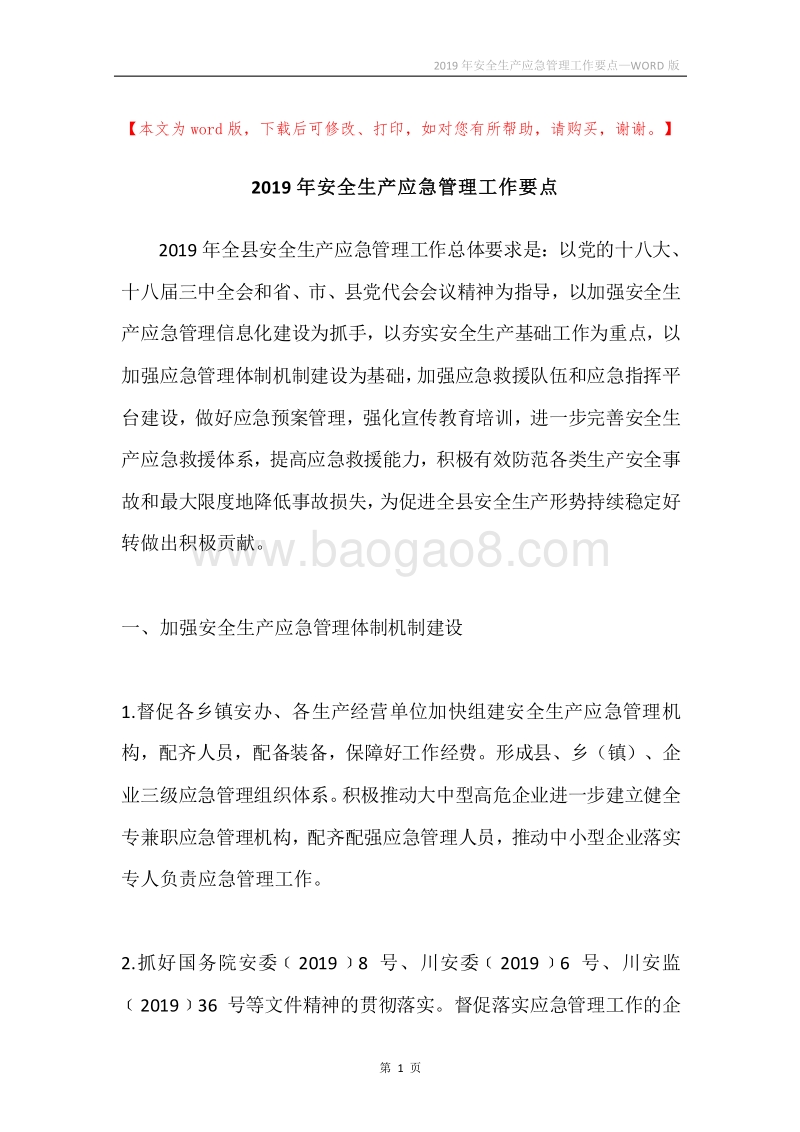 2019年安全生产应急管理工作要点.docx_第1页