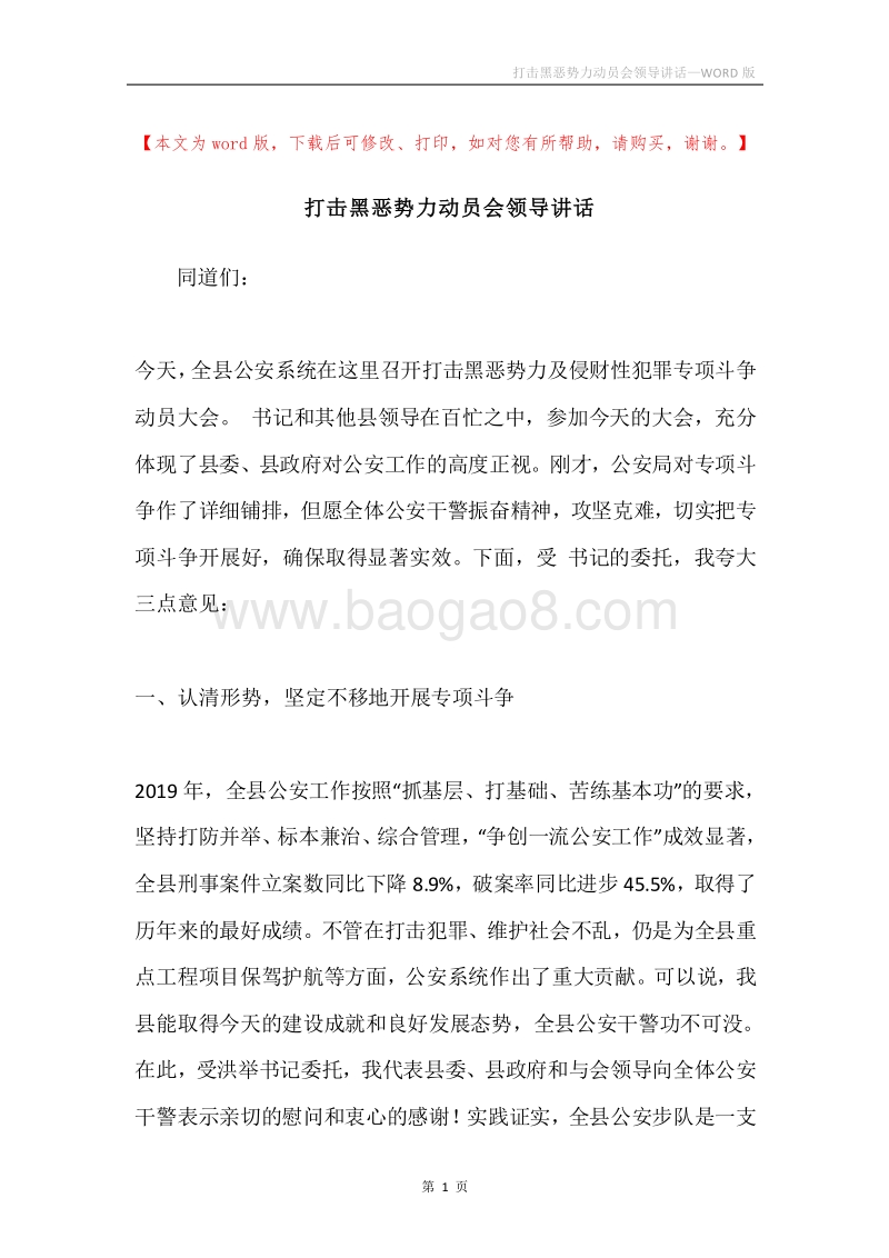 打击黑恶势力动员会领导讲话.docx_第1页