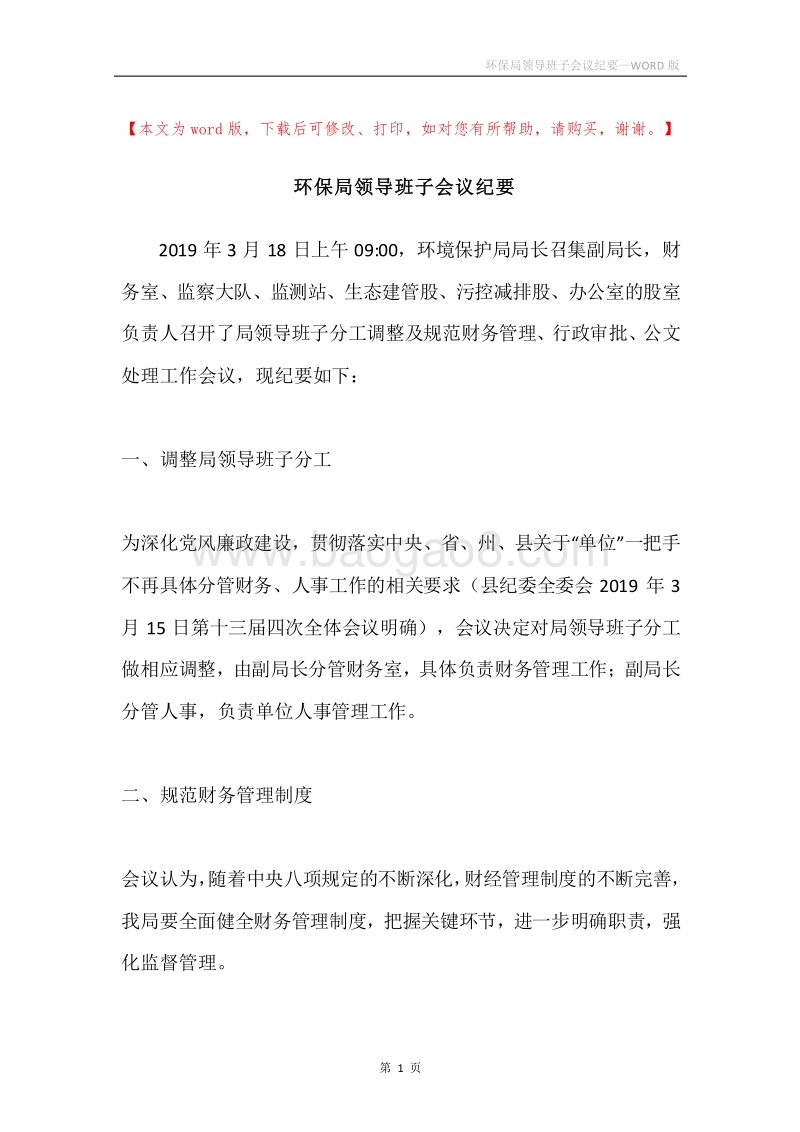环保局领导班子会议纪要.docx_第1页