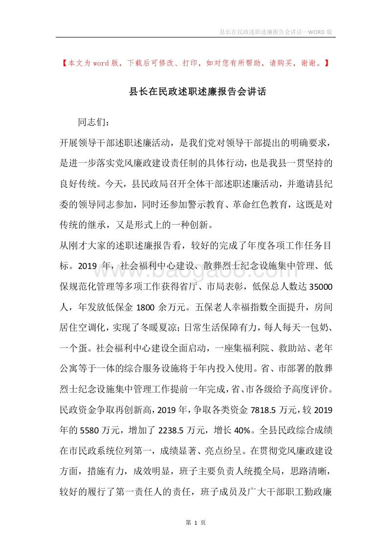 县长在民政述职述廉报告会讲话.docx_第1页