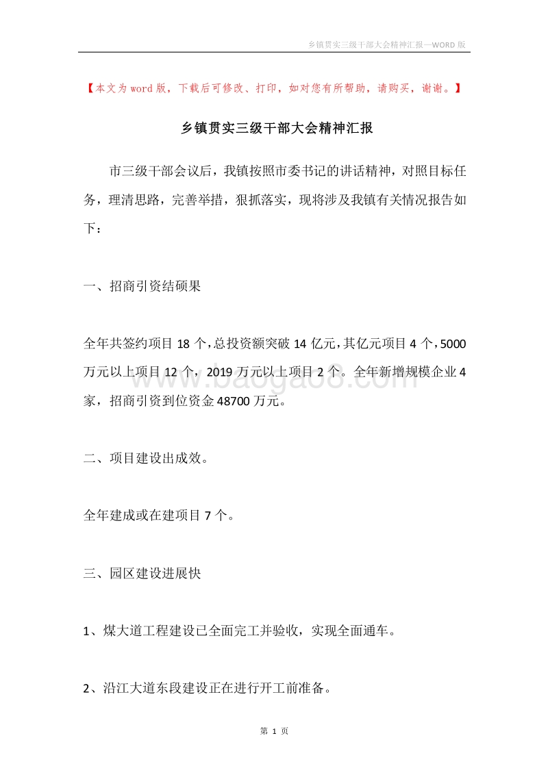 乡镇贯实三级干部大会精神汇报.docx_第1页