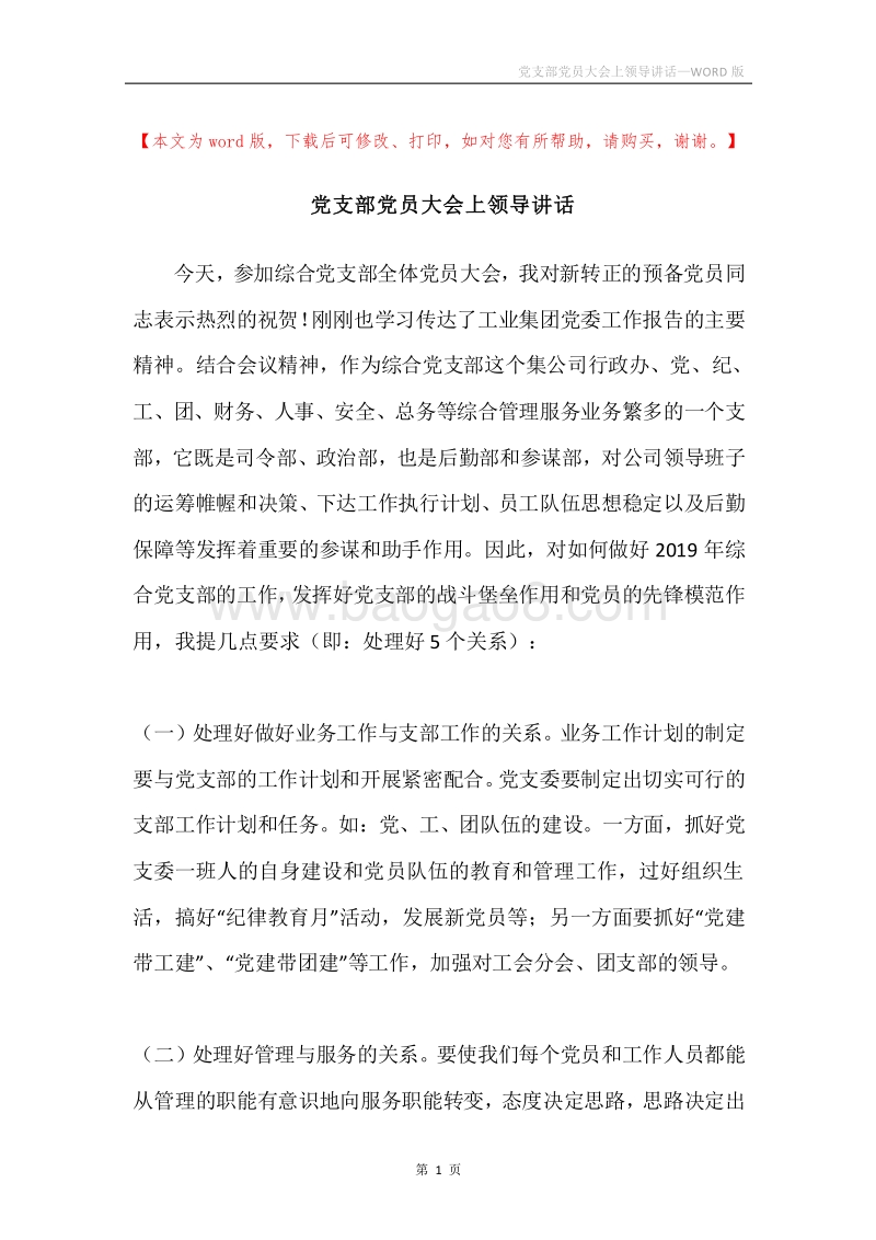 党支部党员大会上领导讲话.docx_第1页