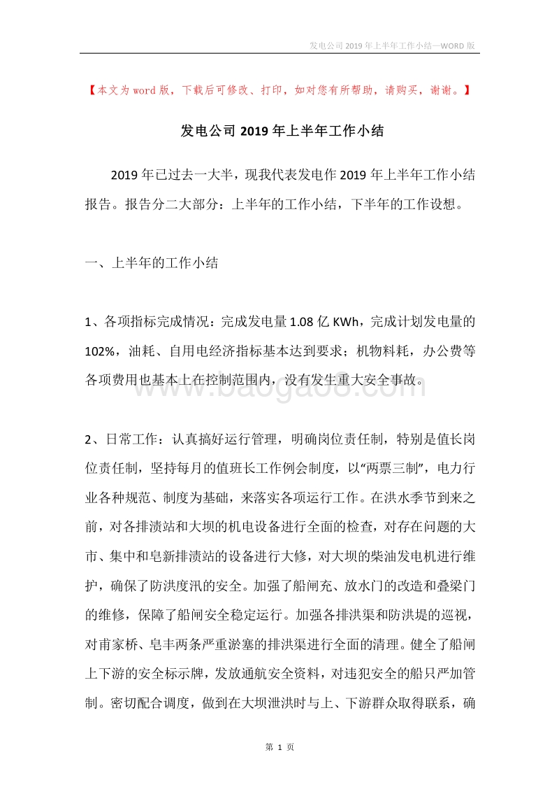 发电公司2019年上半年工作小结.docx_第1页