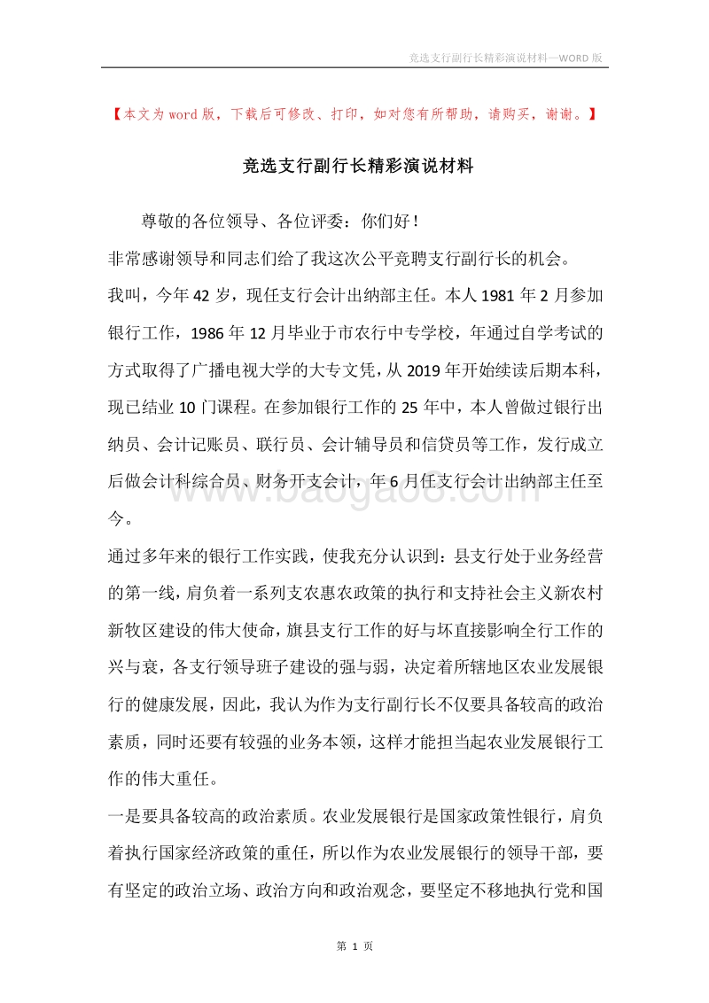 竞选支行副行长精彩演说材料.docx_第1页