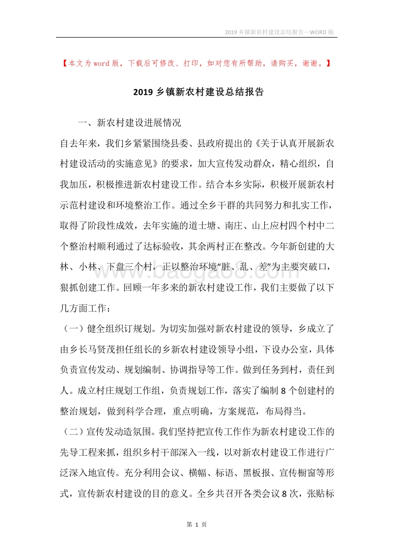 2019乡镇新农村建设总结报告.docx_第1页