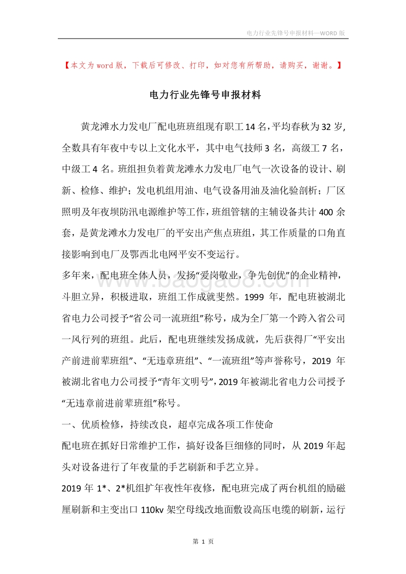 电力行业先锋号申报材料.docx_第1页