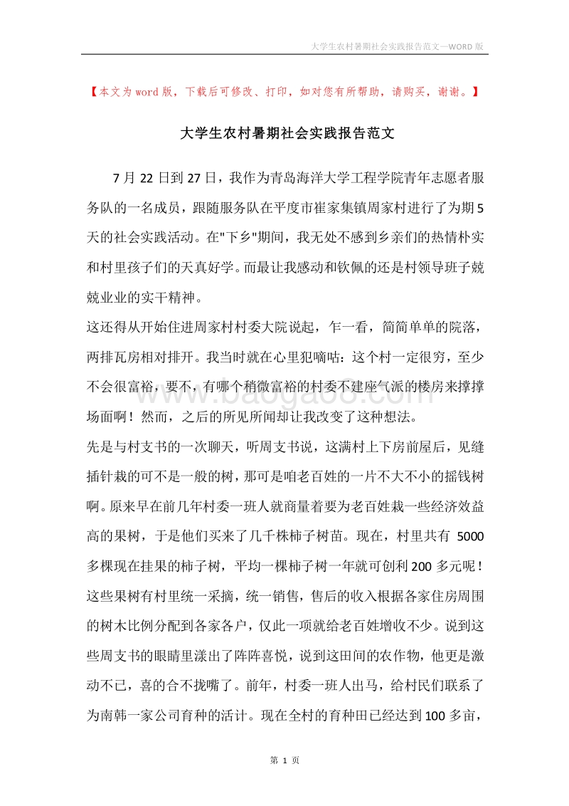 大学生农村暑期社会实践报告范文.docx_第1页