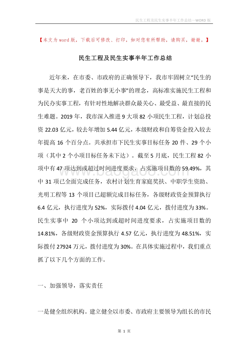 民生工程及民生实事半年工作总结.docx_第1页